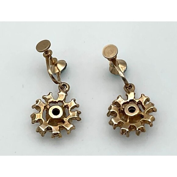 Aqua & White Rhinestone Floral Screw Back Vintage 50s Earrings Gold-Tone - Picture 2 of 2